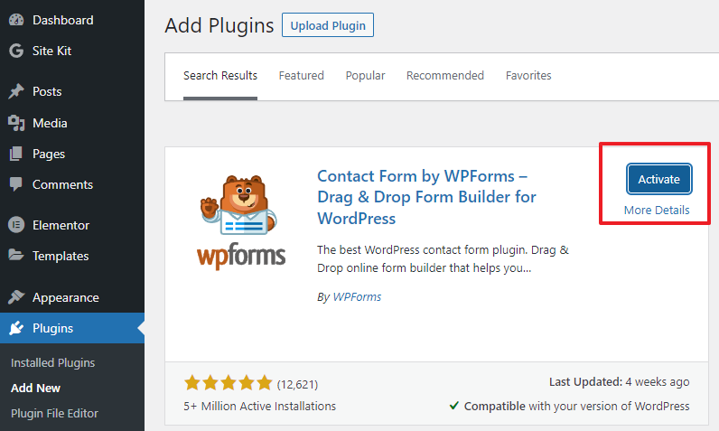 aktifkan plugin wpform 